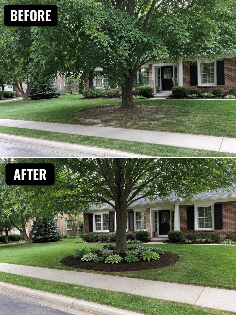 Before and after landscaping with mulch and plants around large front-yard tree.