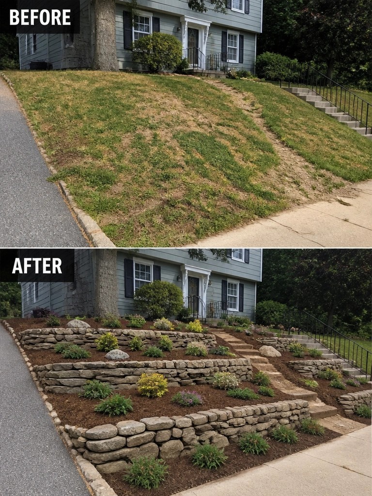 Before-and-after sloped yard: patchy grass replaced by terraced stone walls and plants.
