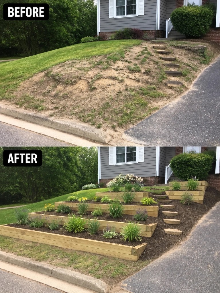 Before eroded slope and after terraced wooden garden beds with plants.