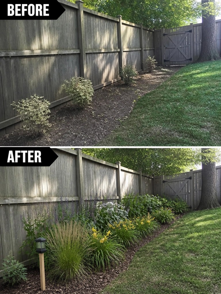 Before-and-after image of a bare dirt strip along a wooden fence changed into a planted garden bed with flowers, grasses, and a lantern.