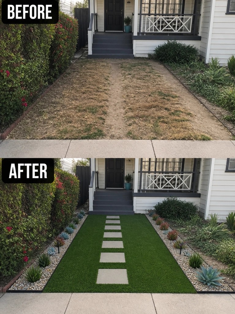 Before-and-after house walkway: dry brown lawn replaced by green turf and stone path.