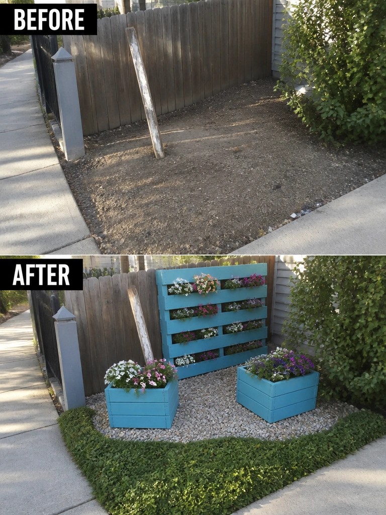 Before and after backyard makeover with turquoise pallet planter and flower boxes