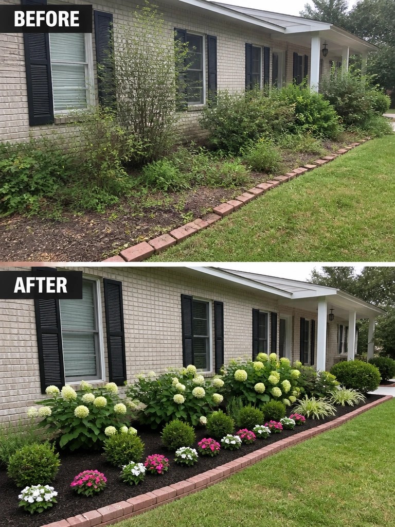 Before-and-after image of an overgrown front foundation bed changed into neat, mulched garden beds with layered shrubs and flowers.