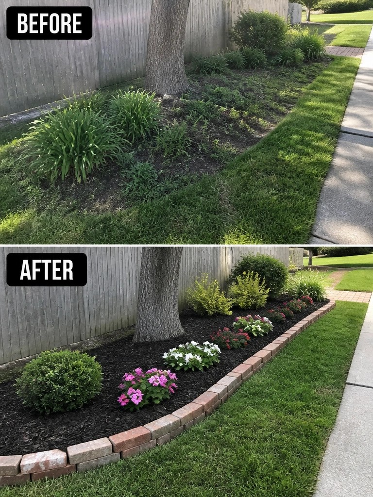 Before-and-after image of an overgrown garden border changed into neat mulched beds with brick edging and planted shrubs and flowers.