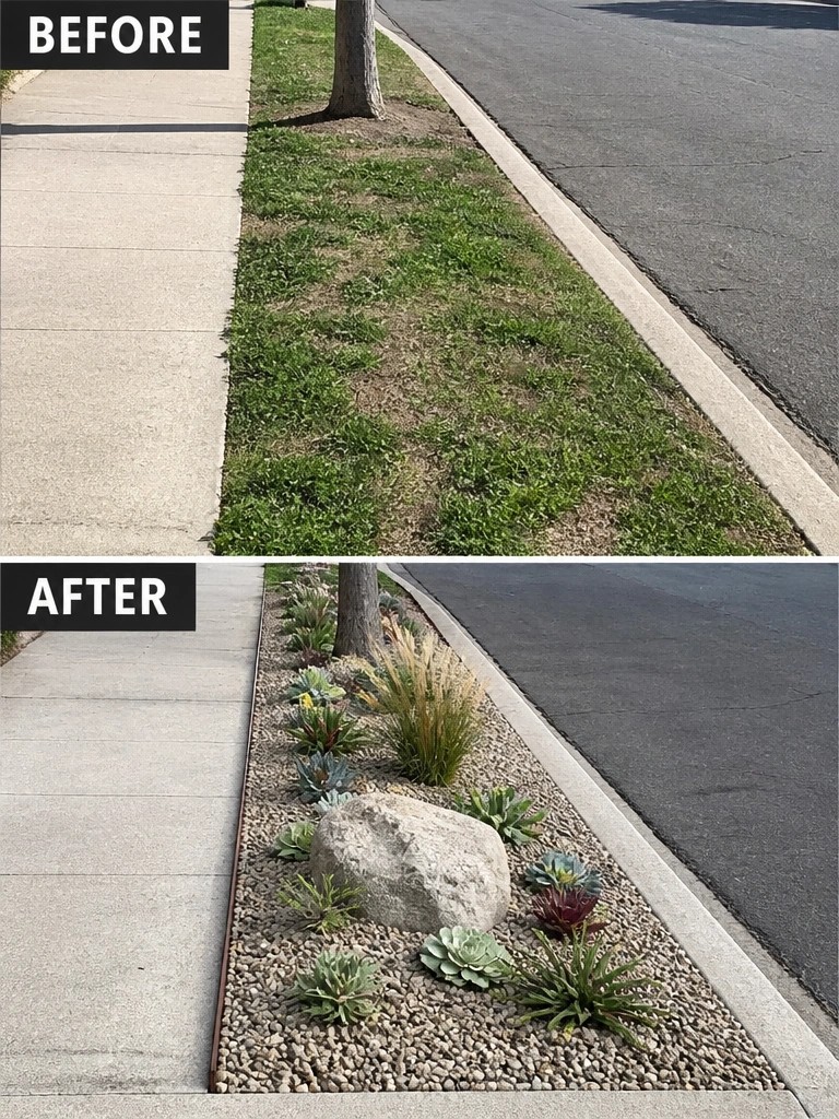Before-and-after image of a grassy curb strip changed into a gravel garden bed with succulents and a large rock.