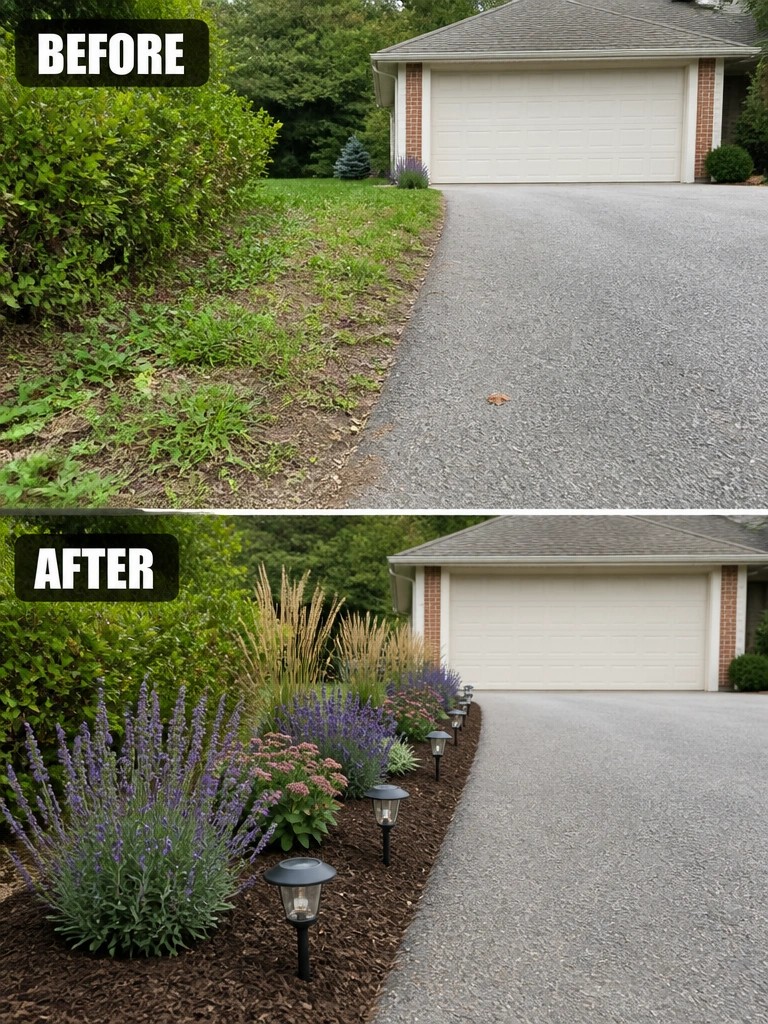Before-and-after driveway landscaping: weeds replaced by flowers, mulch, and solar lights.