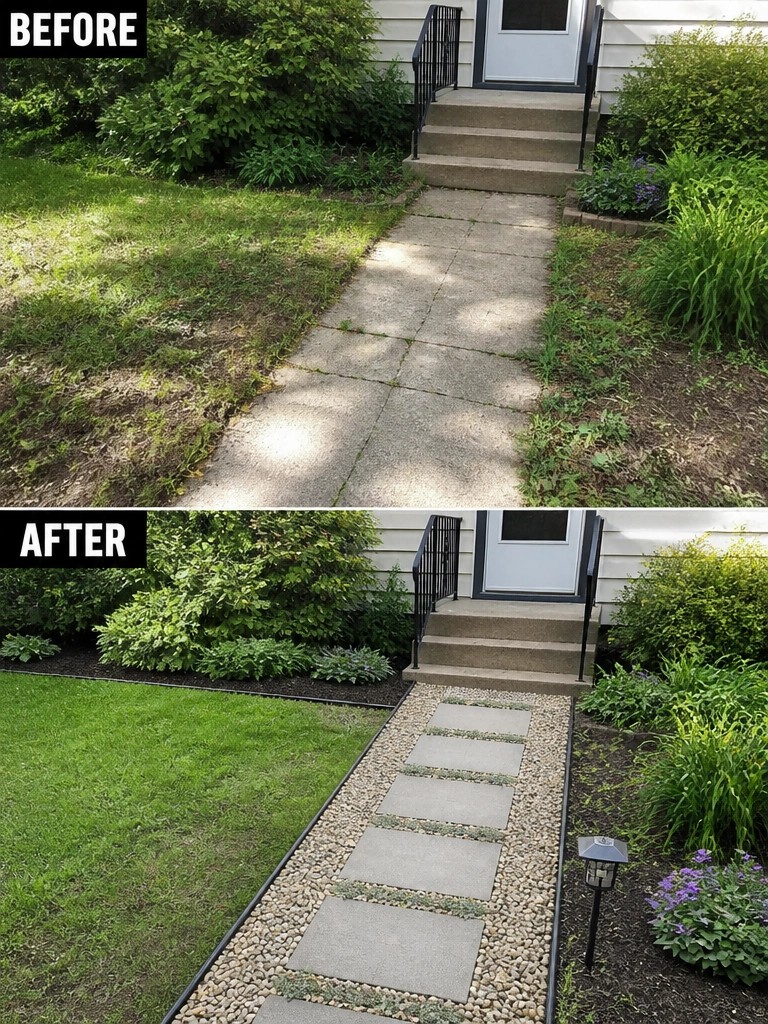 Before and after of cracked concrete walkway upgraded to gravel pavers leading to door.
