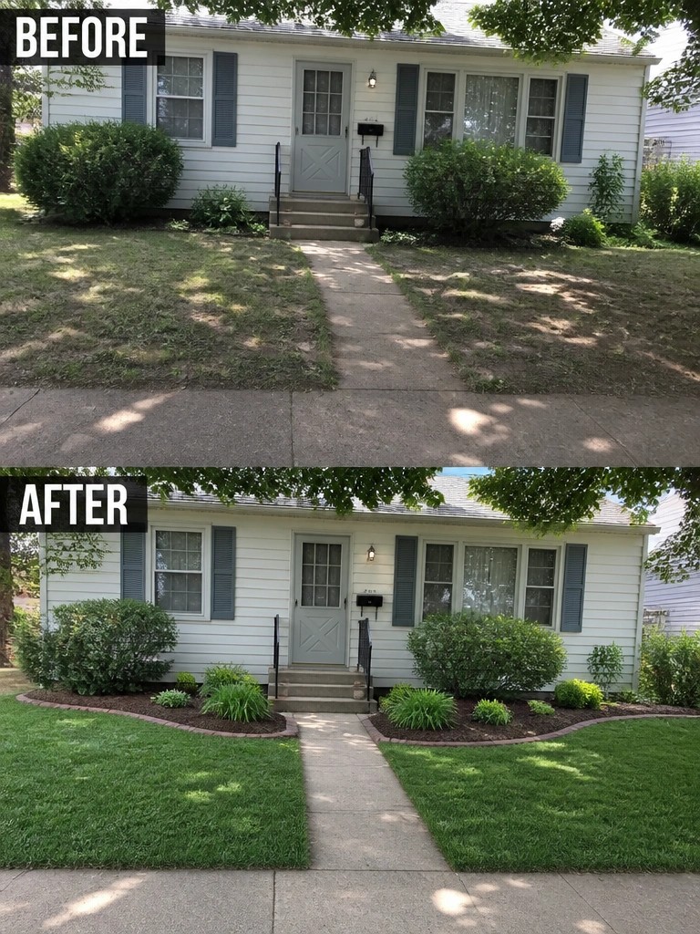 Before-and-after image of a front yard where an undefined lawn was replaced with mulched garden beds edged along the foundation plantings.