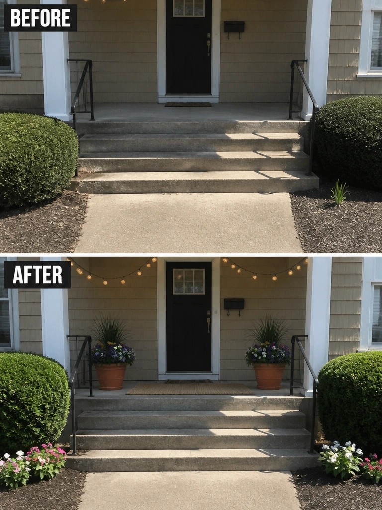 Before-and-after image of a front entry with concrete steps updated by adding potted plants, string lights, and flower beds at the base.