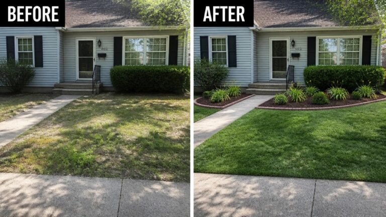 18 Budget Landscaping Remodel Ideas for Better Curb Appeal Before-and-after image of a front yard where an undefined lawn was replaced with mulched garden beds edged along the foundation plantings.