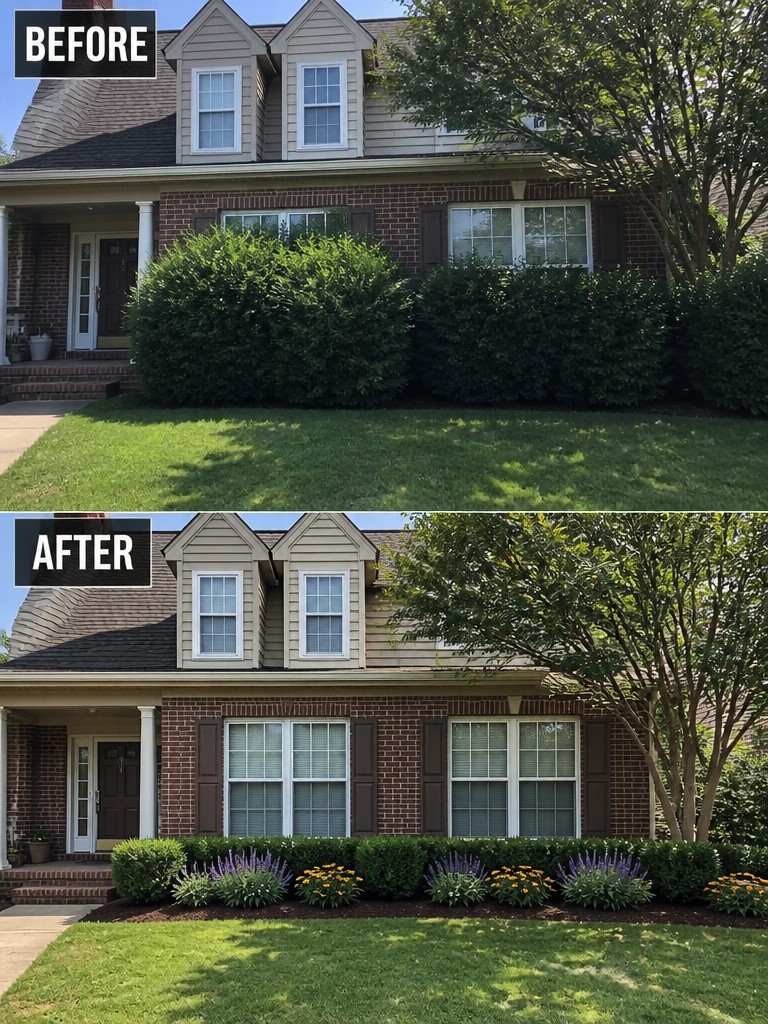Before-and-after view of brick house with shrubs replaced by colorful flower garden