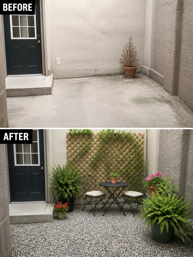 Before-and-after image of a plain concrete courtyard changed with gravel, a wooden lattice screen covered in vines, potted plants, and a small seating set.