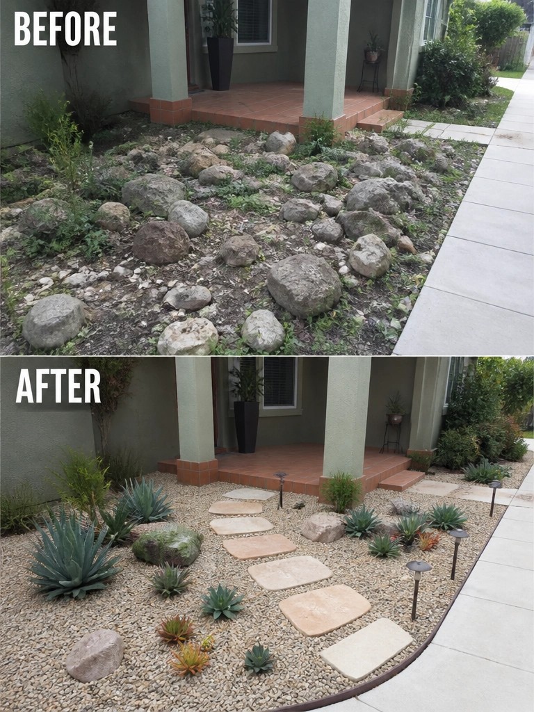 Before and after of rocky yard transformed into neat gravel garden with succulents and path.