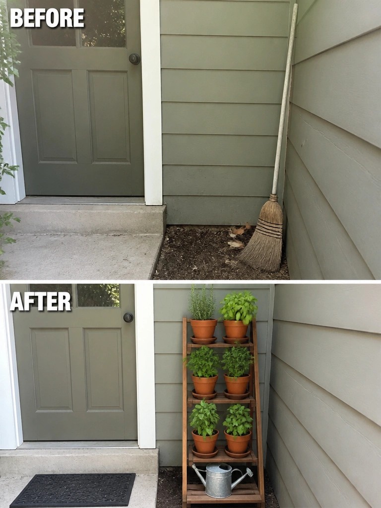 Before and after entryway with broom replaced by potted plant stand and doormat.