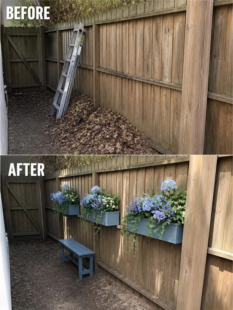 Before-and-after image of a fenced garden corner where a pile of leaves and a ladder were replaced with three wall-mounted planters and a small bench.