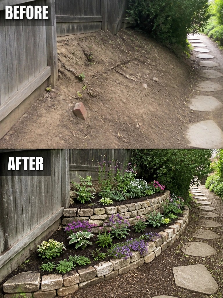 Before and after of sloped yard transformed into flower-filled stone retaining wall garden