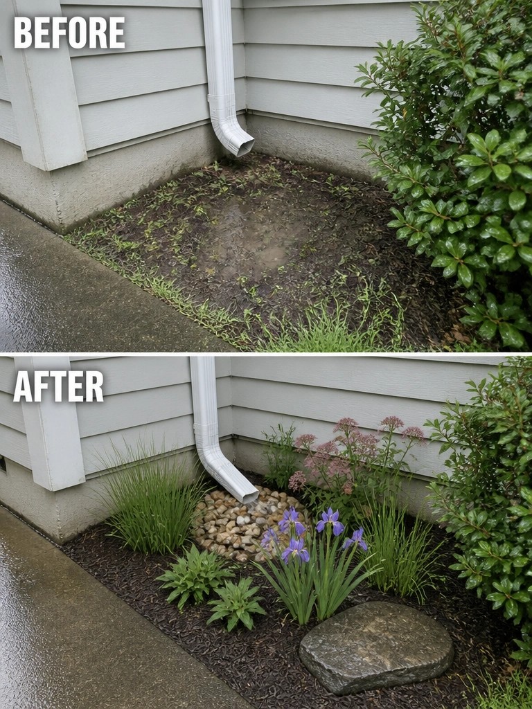 Before muddy downspout area and after mulched garden with purple irises and rocks