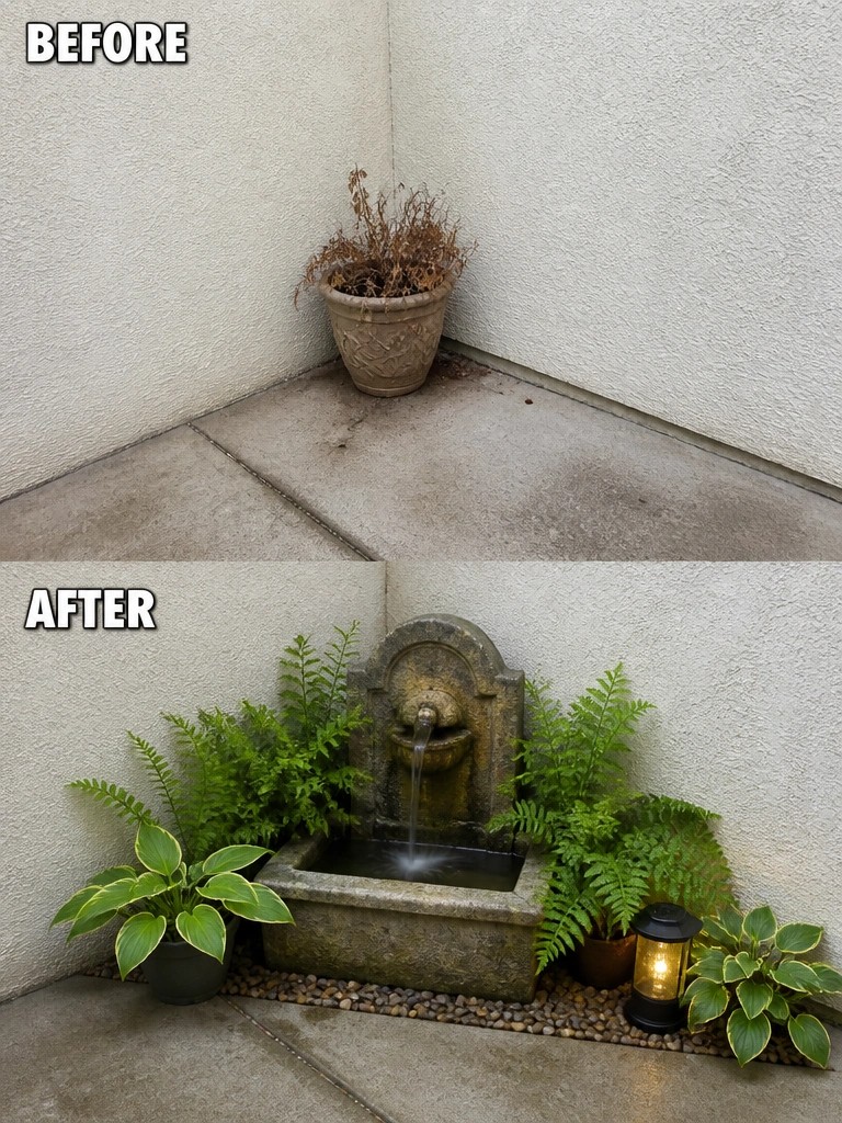 Before and after of corner with added stone fountain, ferns and glowing lantern