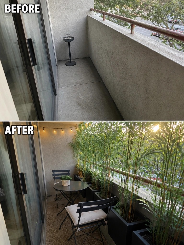 Before and after balcony with added plants, table, chairs, rug, and string lights.