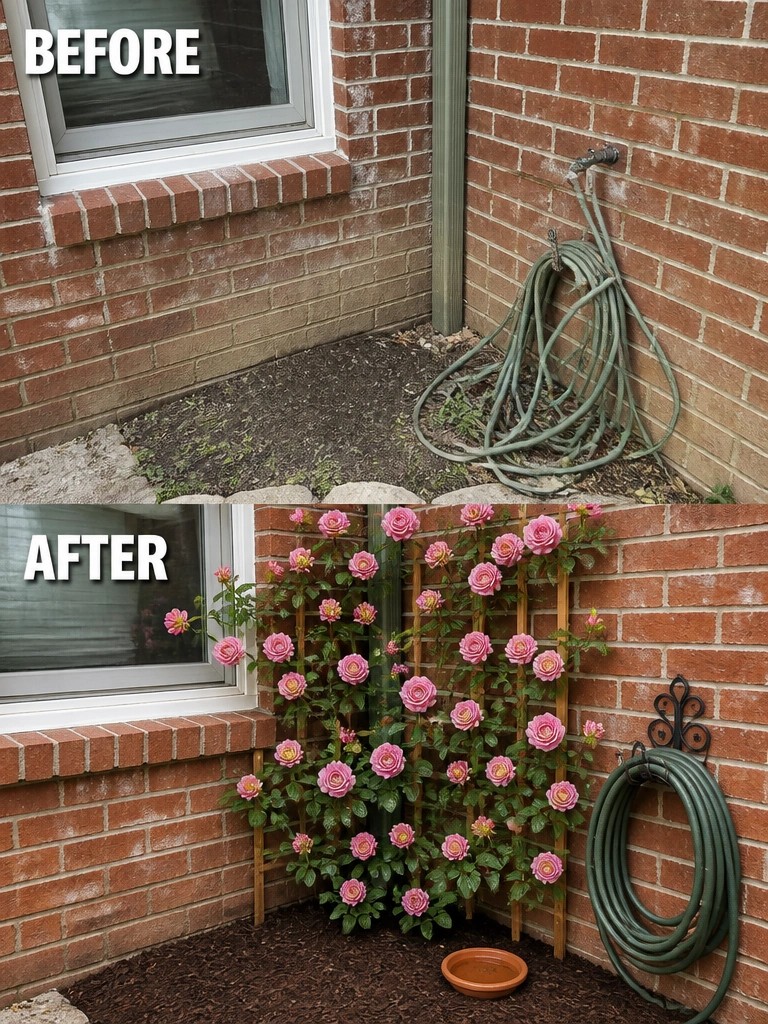 Before and after of brick wall with pink rose trellis and coiled garden hose