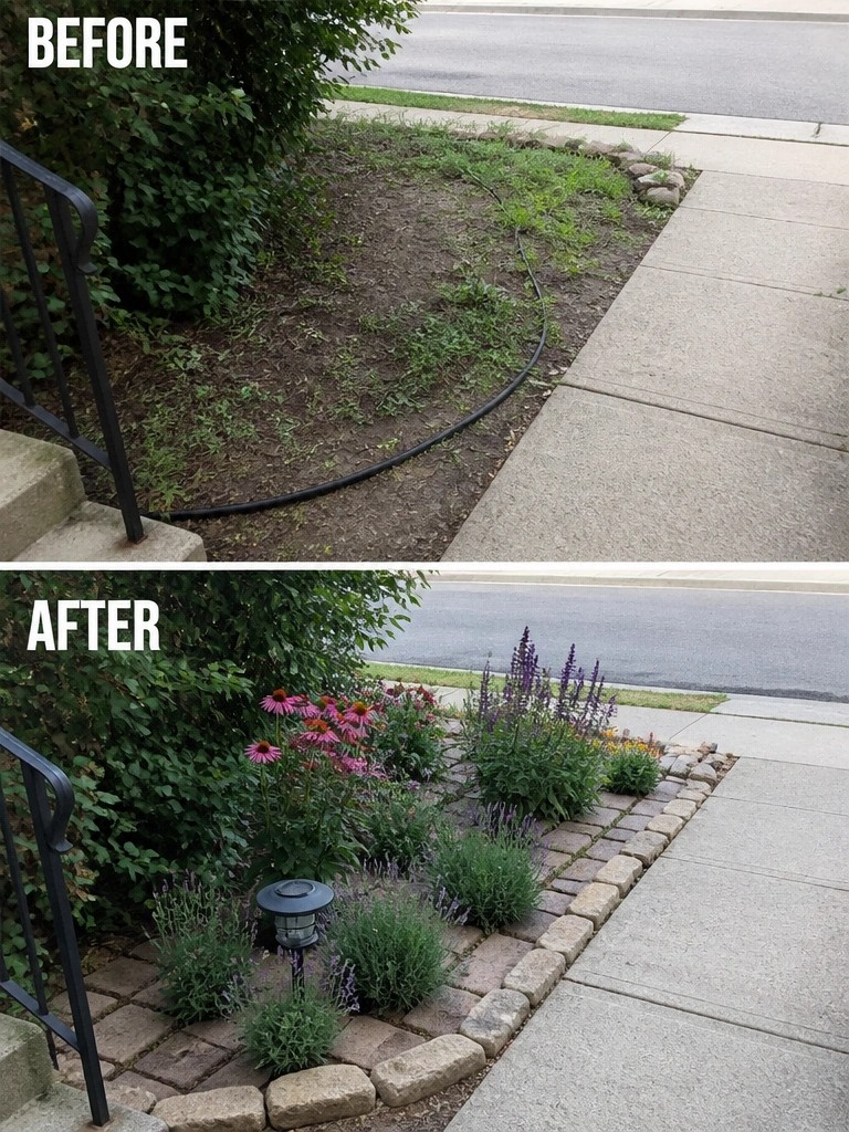 Before and after of bare dirt yard transformed into colorful flower garden with pavers.