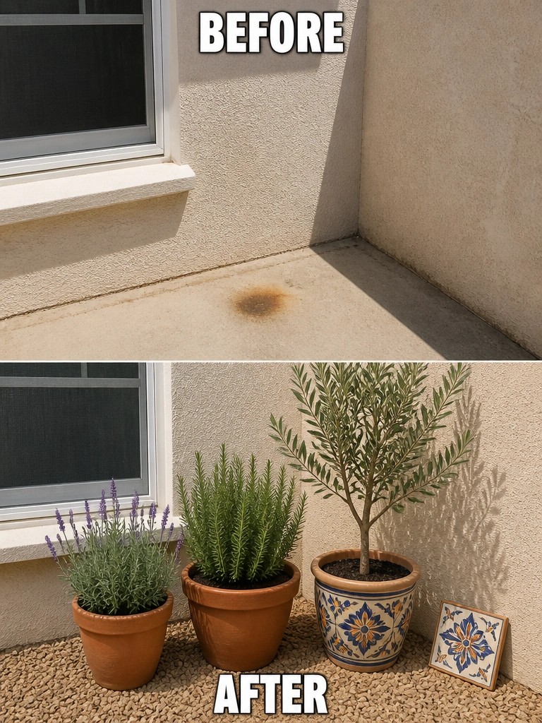 Before stained concrete corner, after with potted lavender, shrubs, olive tree and gravel.