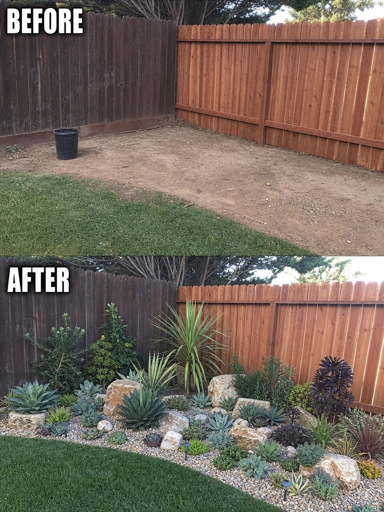 Before and after of backyard transformed into succulent rock garden by fence