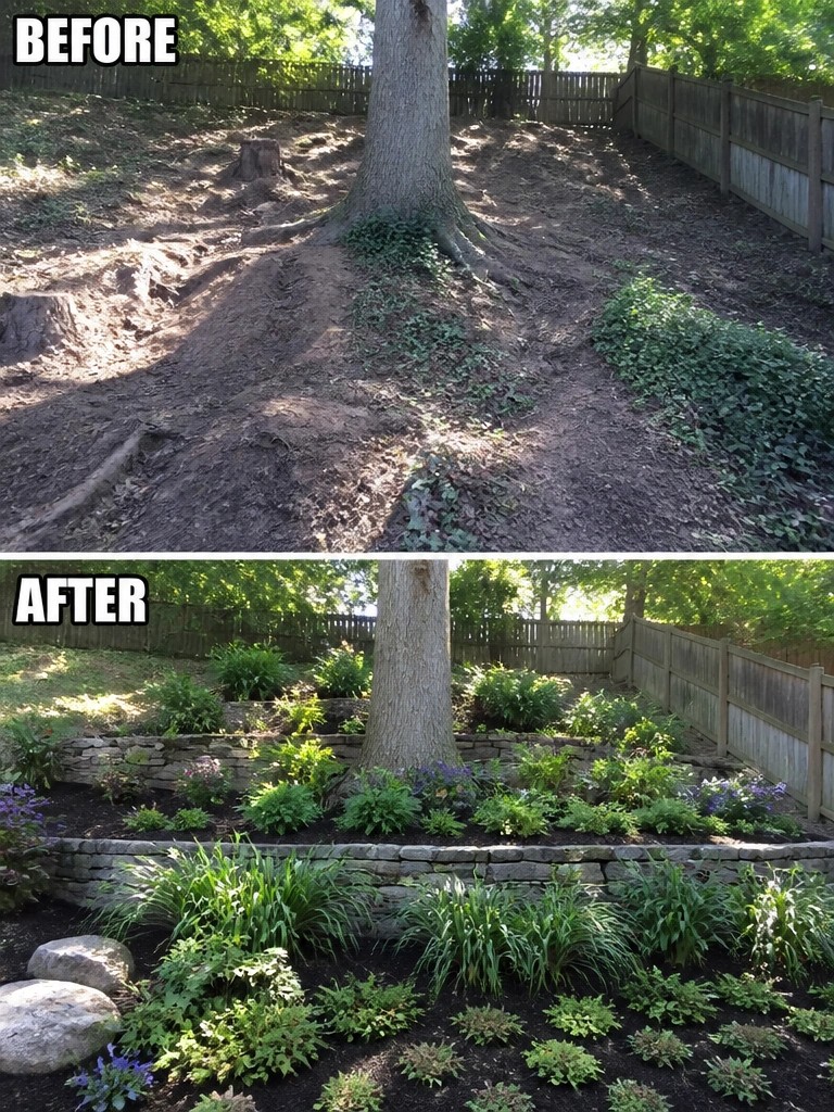 Before-and-after image of a bare dirt slope around a tree changed into terraced garden beds with stone retaining walls and planted borders.