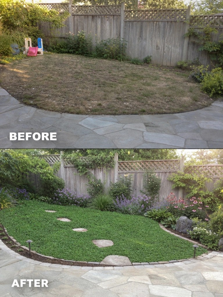 Before and after of backyard lawn transformed into lush garden with stepping stones and flowers.