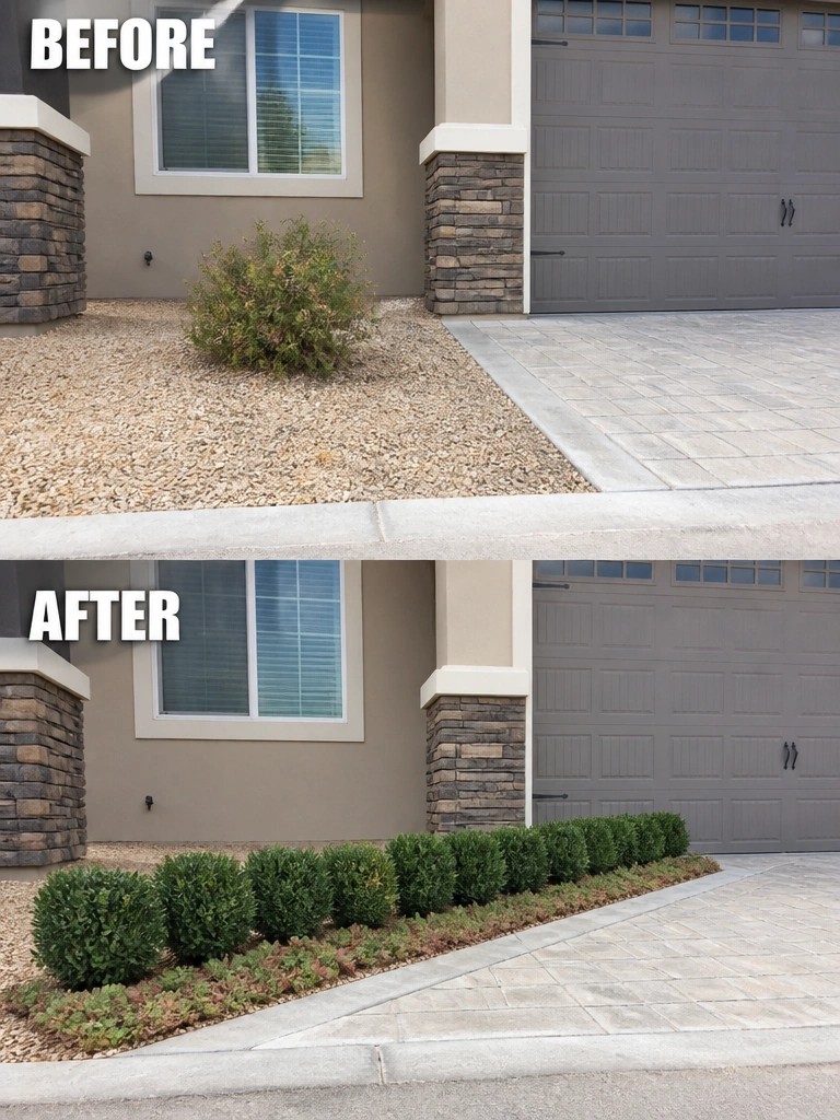 Before-and-after image of a front foundation area showing a single sparse shrub in gravel changed into a continuous row of low green shrubs with ground cover plants.