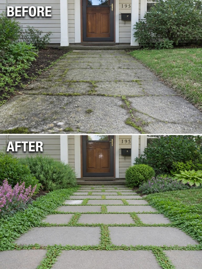 Before-and-after photos of cracked mossy walkway replaced by neat grass-filled pavers.