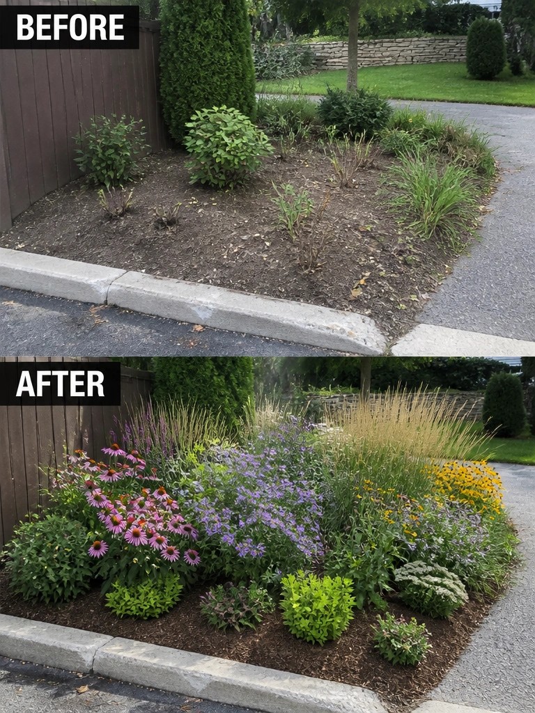 Before and after of garden bed with colorful flowers added after mulching.