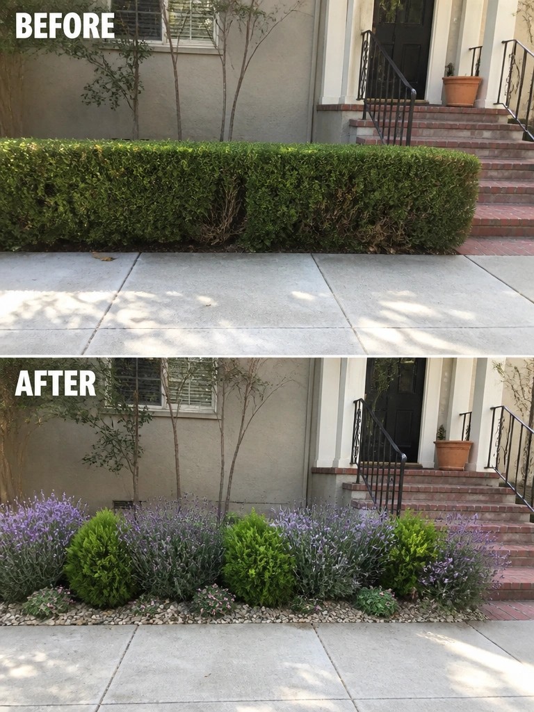 Before and after of house entrance with overgrown hedge replaced by colorful shrubs.