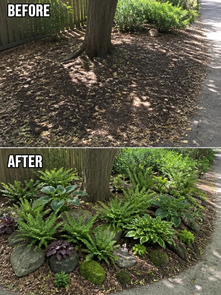 Before-and-after image of a bare mulched area under a tree changed into a planted garden bed with ferns, hostas, and rocks.