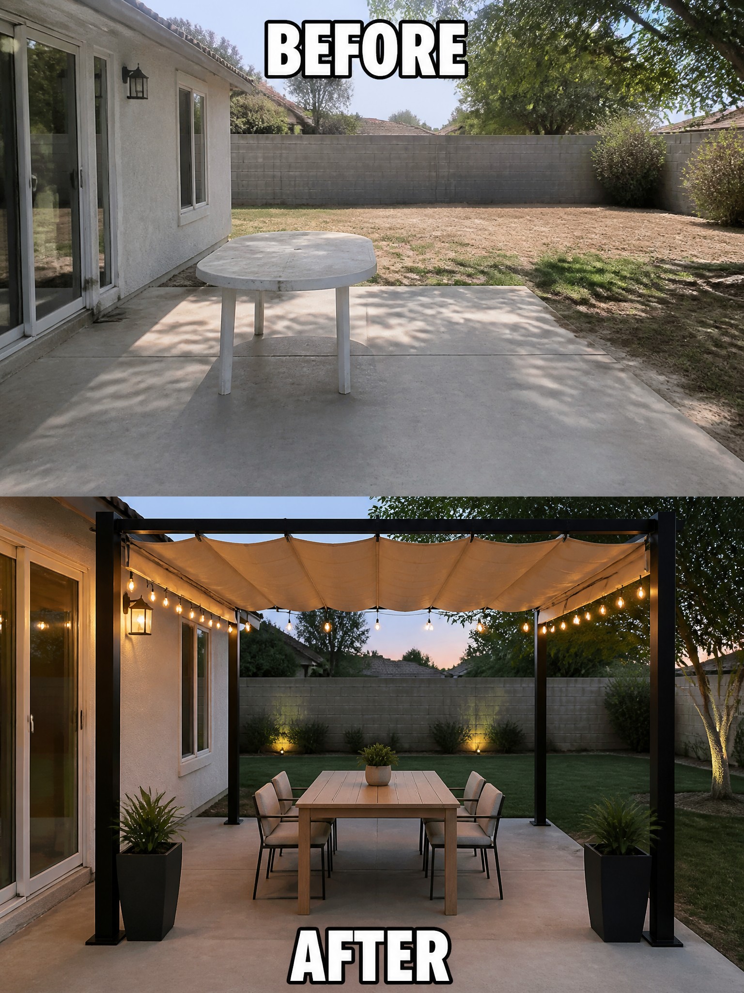Before and after patio transformation featuring modern furniture, lighting, and decorative plants.