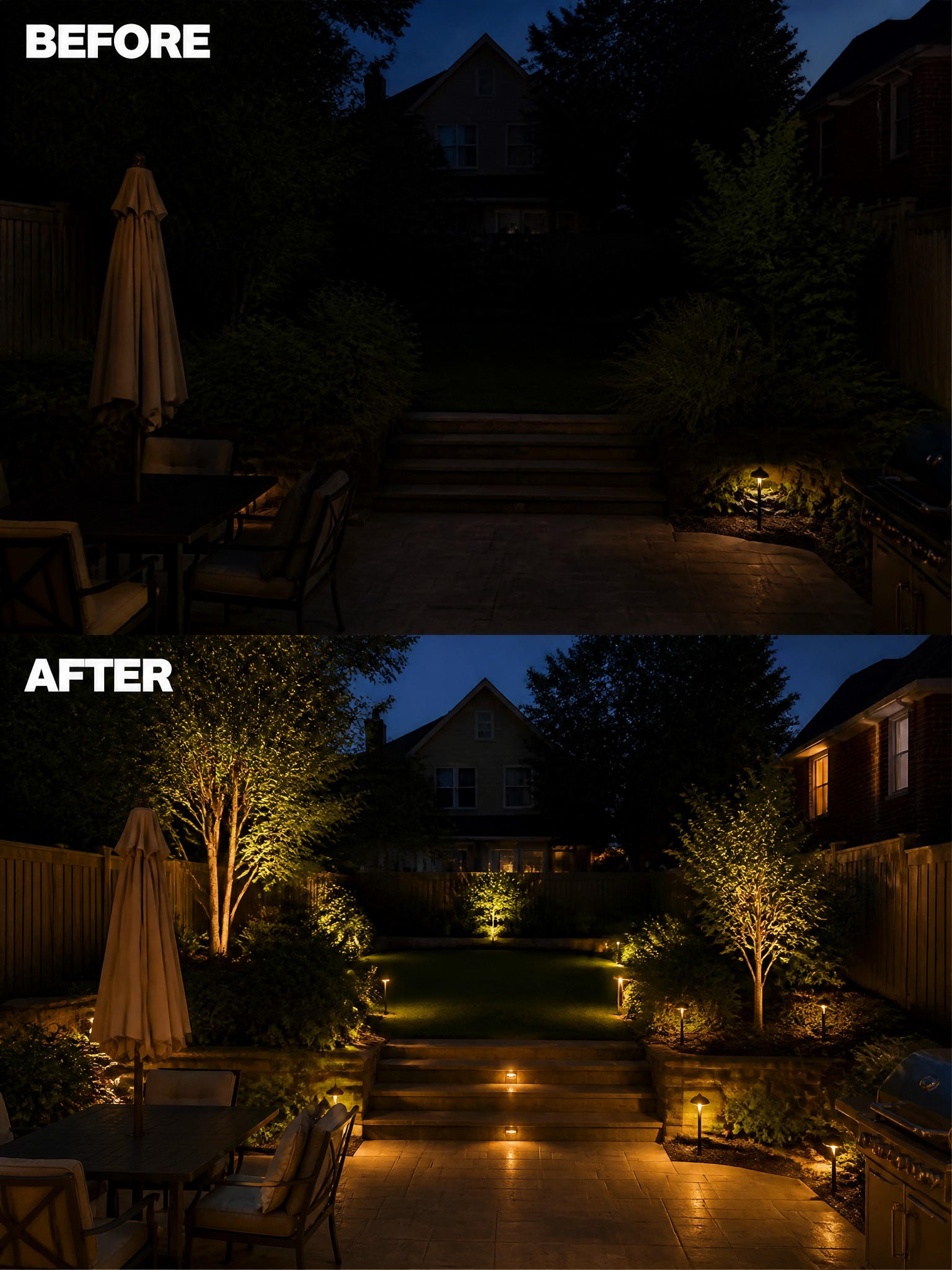 Before and after lighting transformation in a backyard, showcasing illuminated trees and pathways.