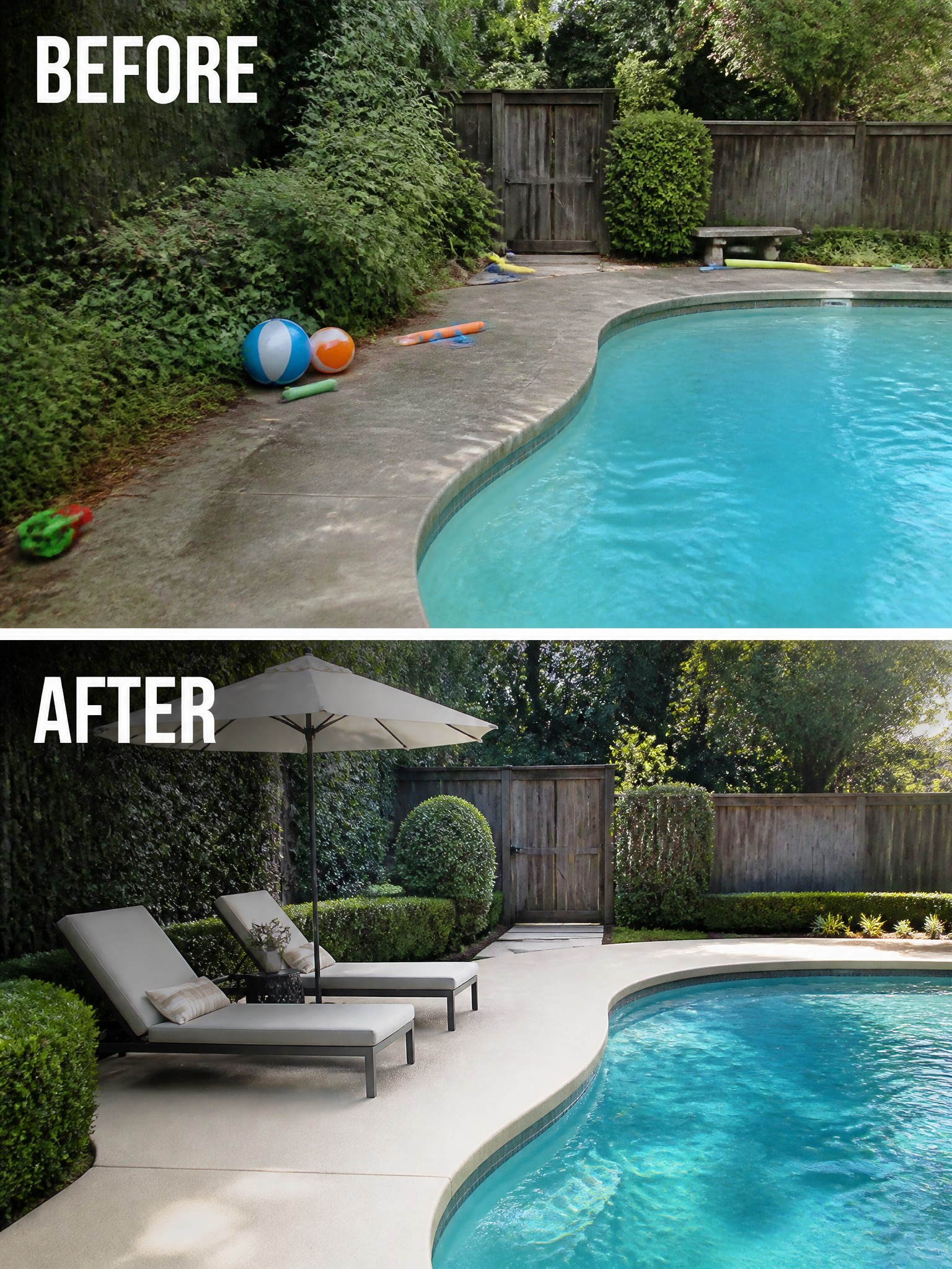 Before-and-after image of a pool deck changed from bare concrete with scattered toys into a seating area with two lounge chairs and a large umbrella.