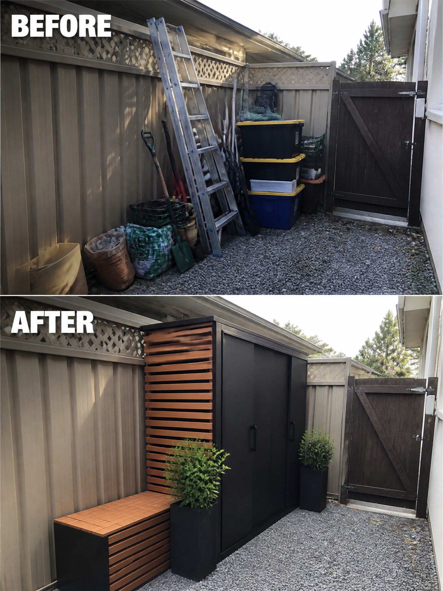 Before-and-after image of a cluttered gravel backyard corner transformed by a large black storage cabinet with wood accents, a built-in bench, and two planters.
