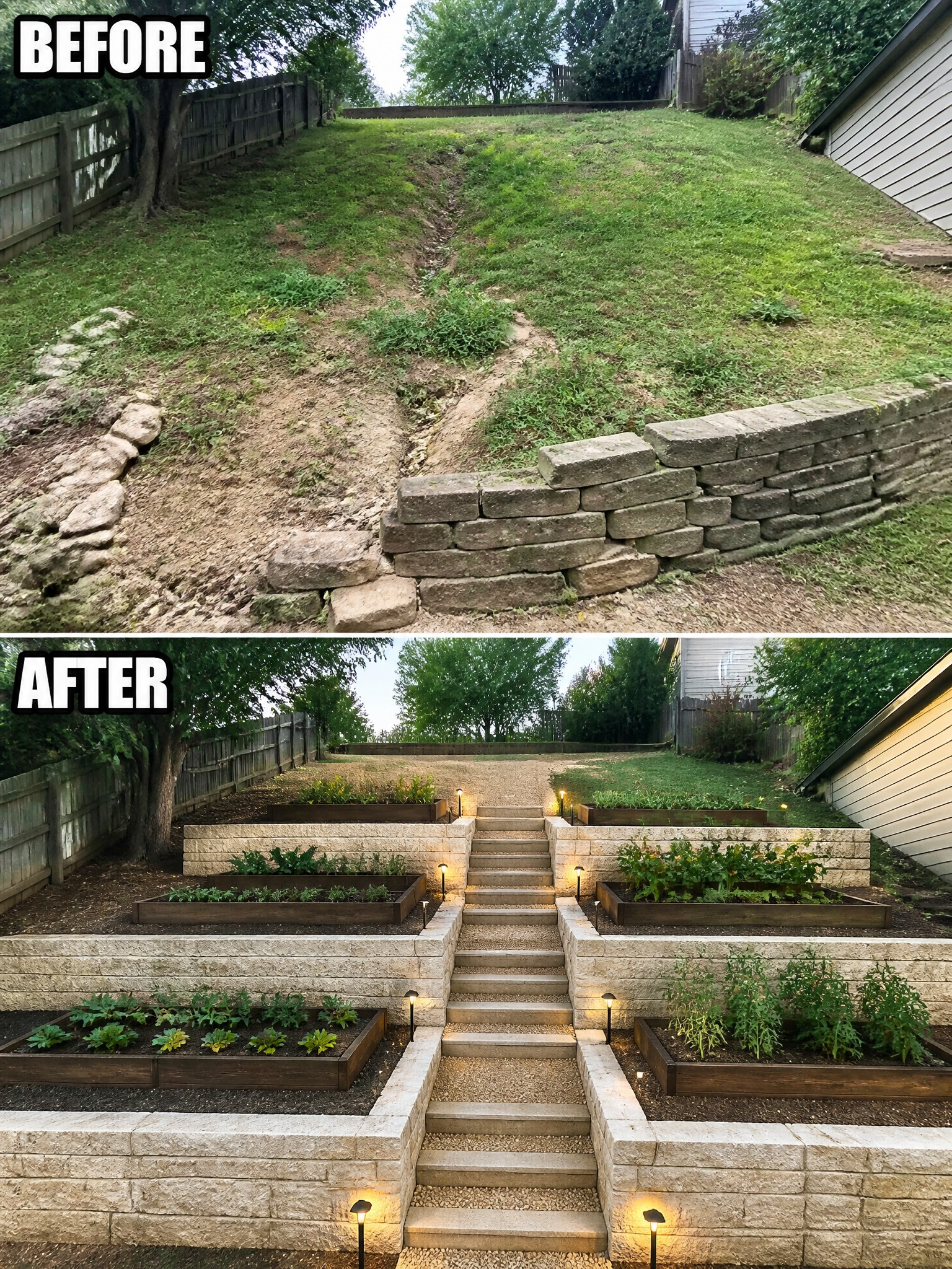 Before-and-after image of a sloped backyard changed from overgrown grass into terraced stone walls with garden beds, stairs, and path lighting.