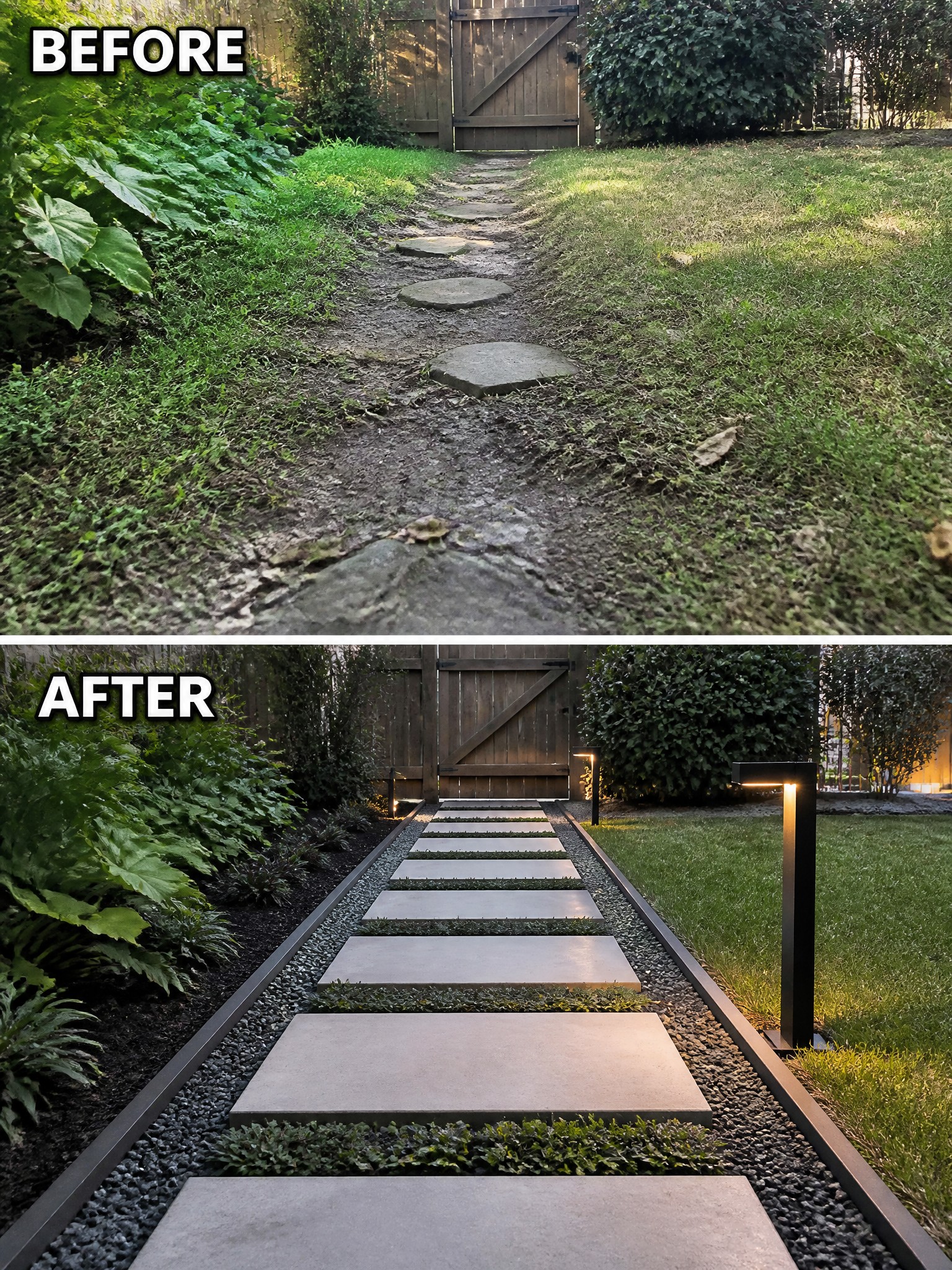 Before and after garden path transformation with stone slabs and gravel.