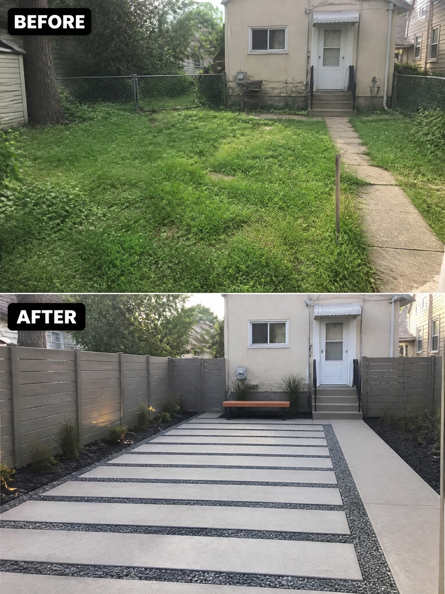 Before and after shots of a backyard transformation with concrete and gravel landscaping.