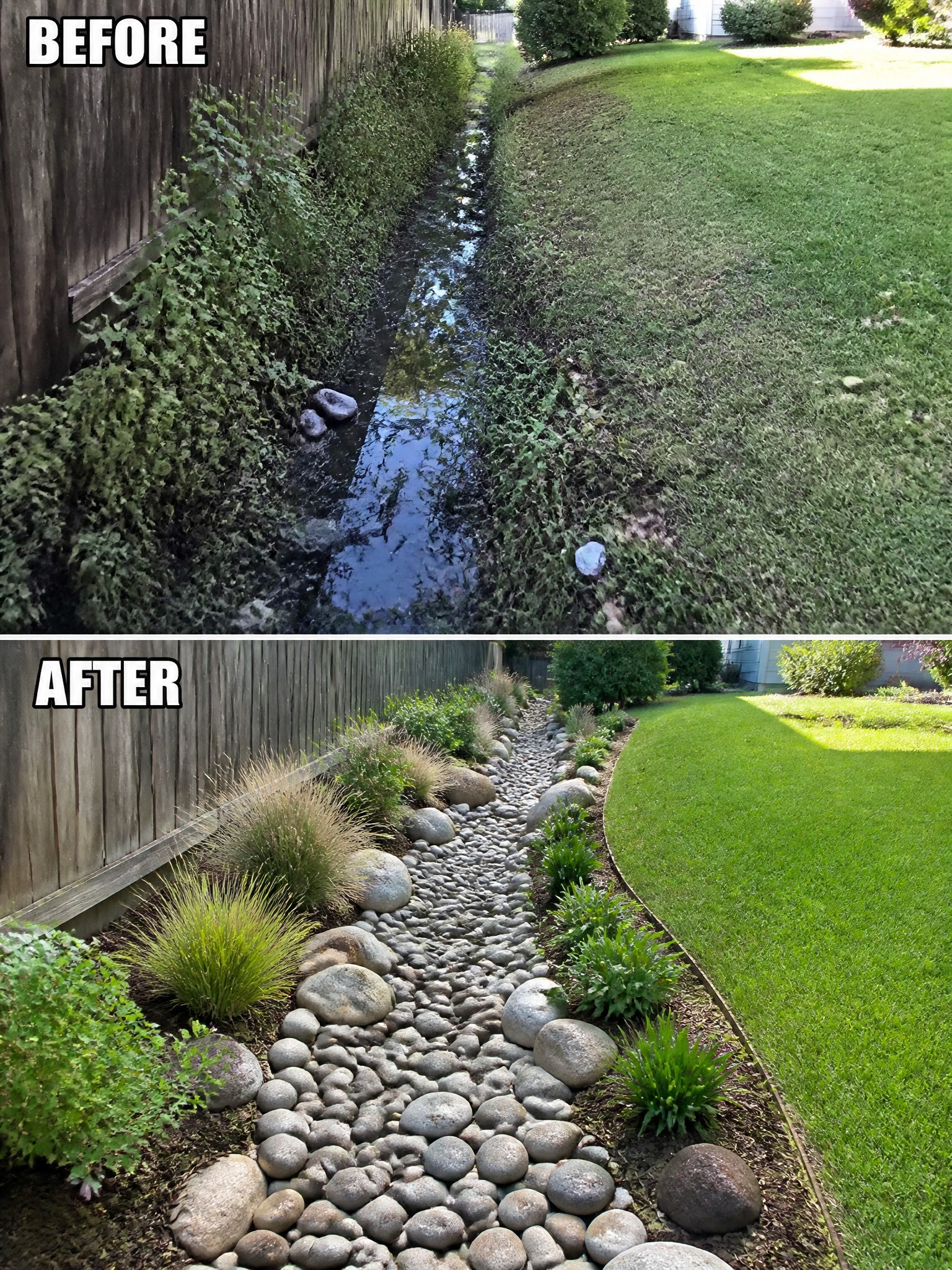 Side-by-side comparison of a water channel before (overgrown) and after (decorative stones and plants).