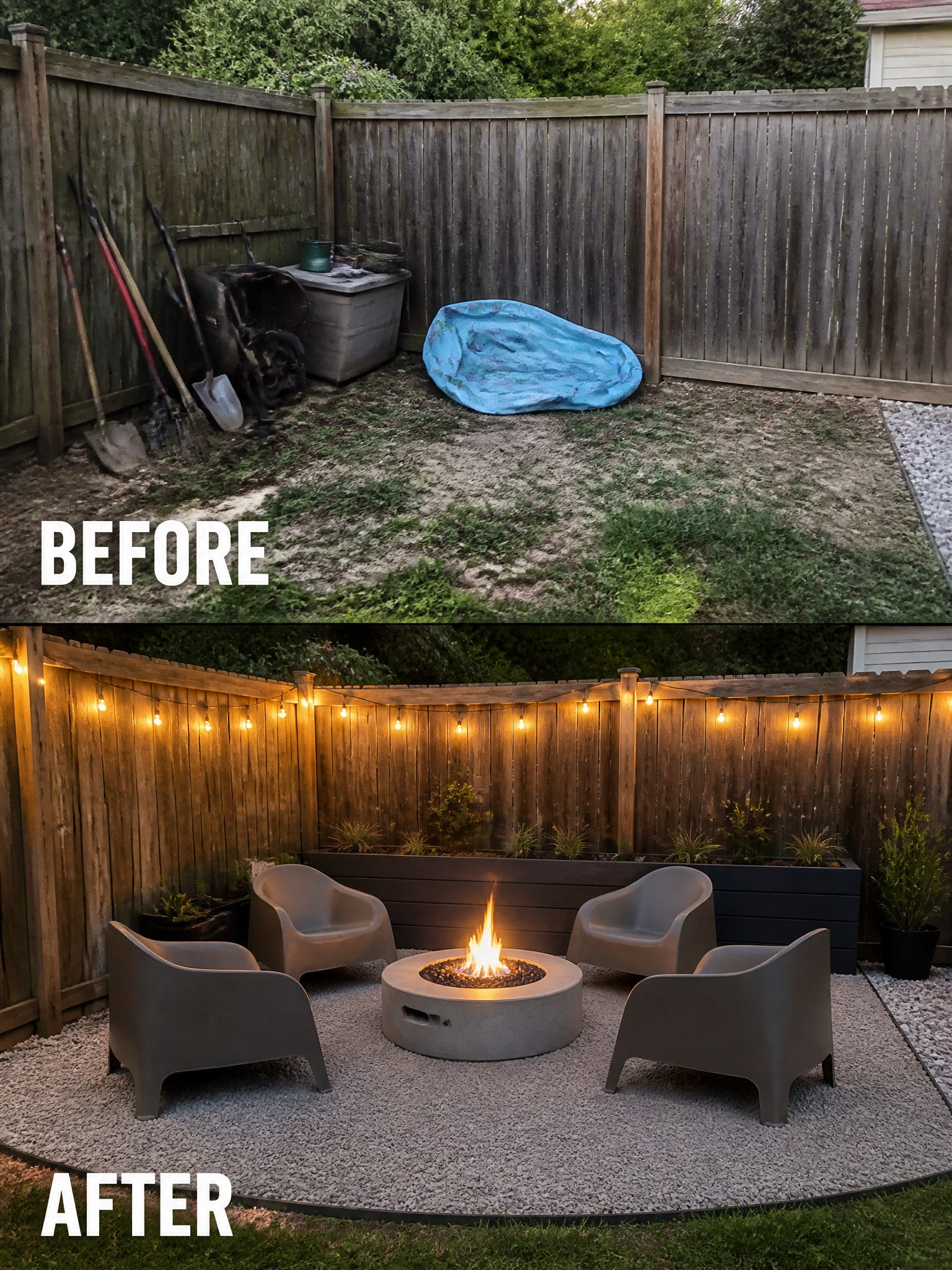 Before: cluttered backyard with tools; After: cozy fire pit area with chairs and lights.
