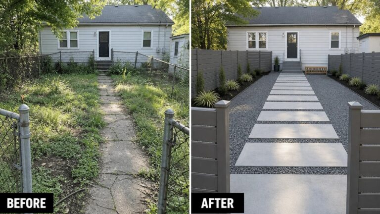 19 Modern Backyard Transformation Ideas for A Clean Outdoor Look Before and after shots of a backyard transformation with concrete and gravel landscaping.