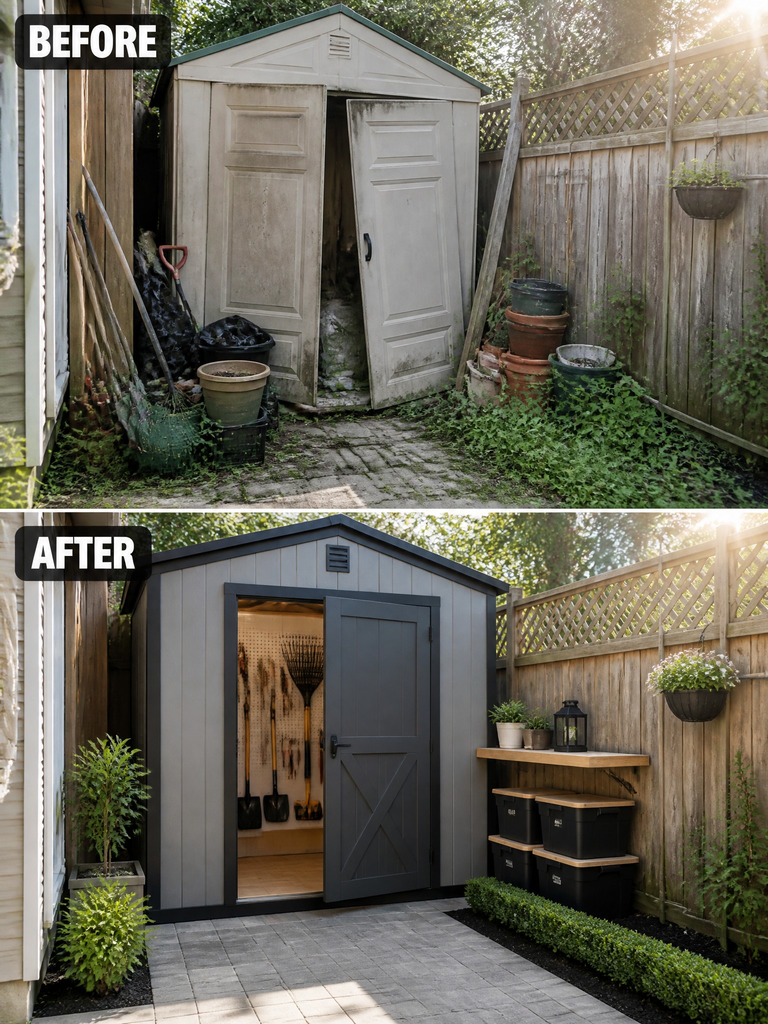 A backyard shed transformation from cluttered and worn to tidy and modern.