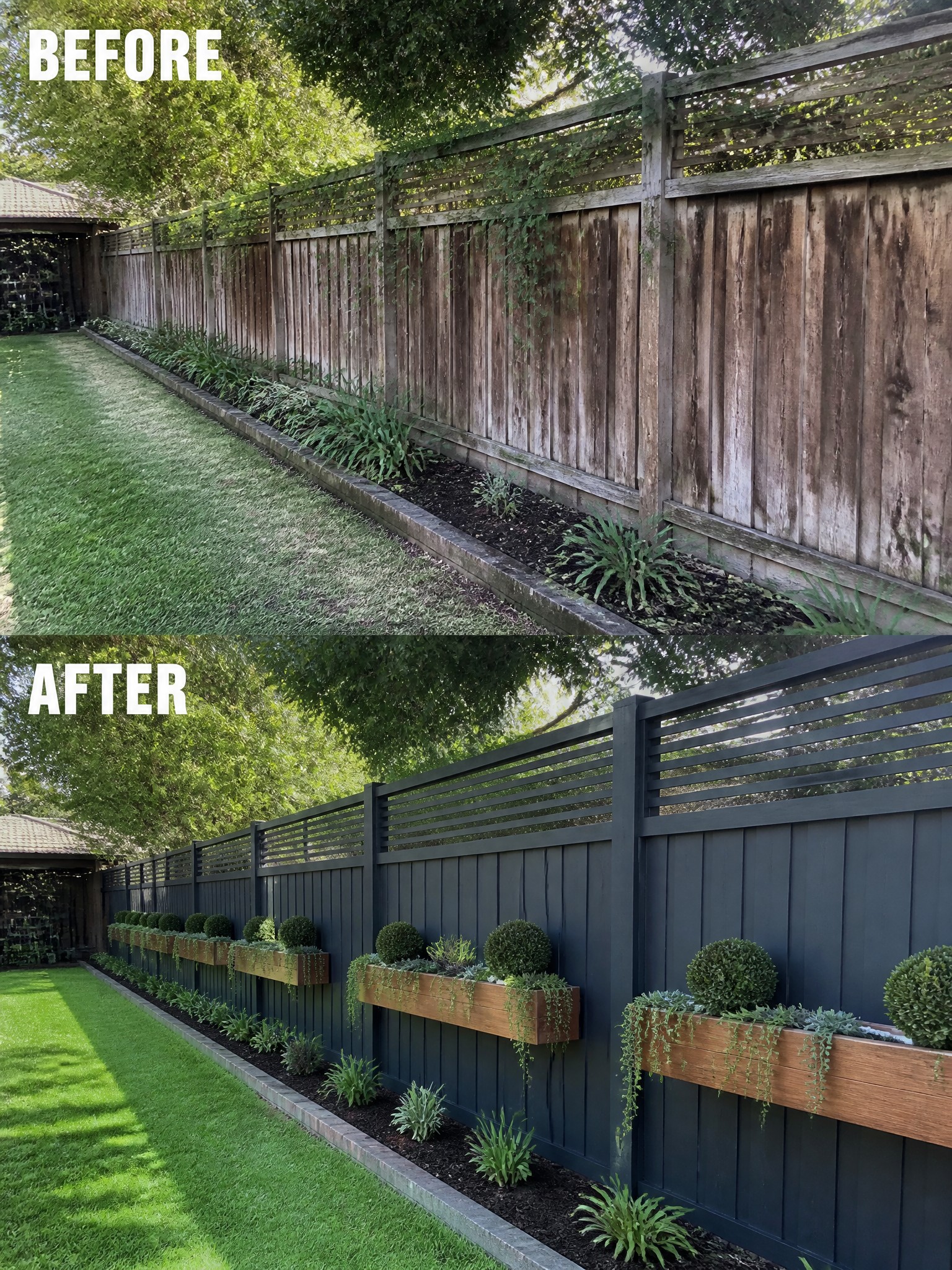 Before-and-after transformation of a garden fence with dark paint and planters.