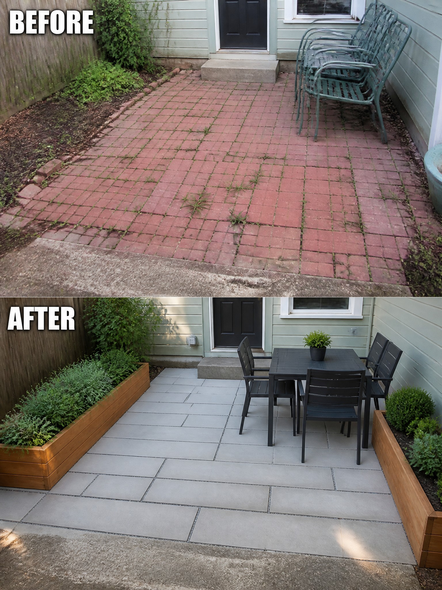 Before and after of a patio renovation, showing red pavers transformed to gray tiles with furniture.