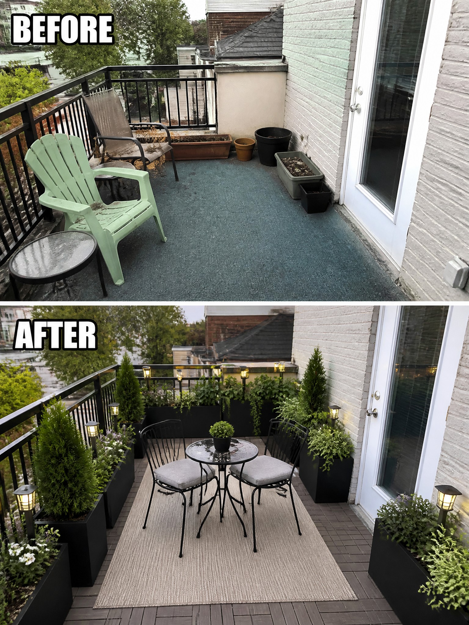 Before-and-after balcony transformation featuring chairs, planters, and a table with decorative lights.