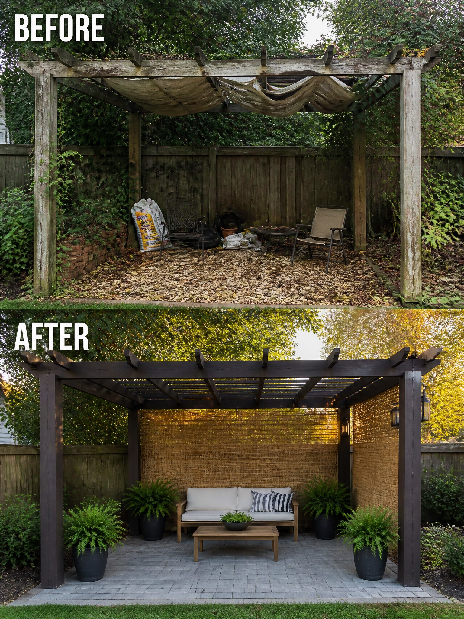 Before-and-after image of a cluttered pergola transformed into a clean outdoor seating area with a sofa, coffee table, potted ferns, and woven privacy screens.