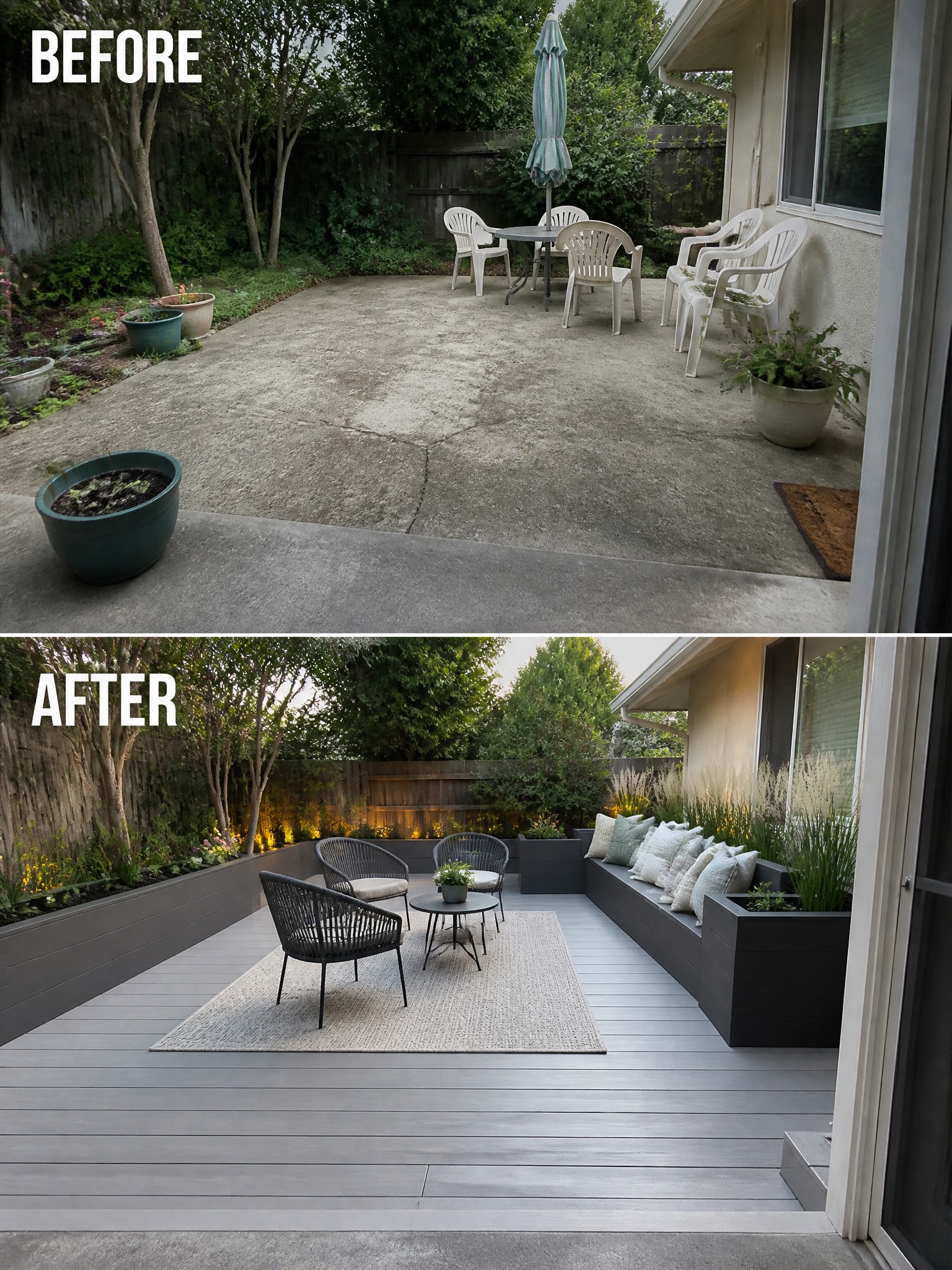 Before-and-after image of a concrete backyard patio changed into a decked outdoor seating area with chairs, a rug, and built-in benches.